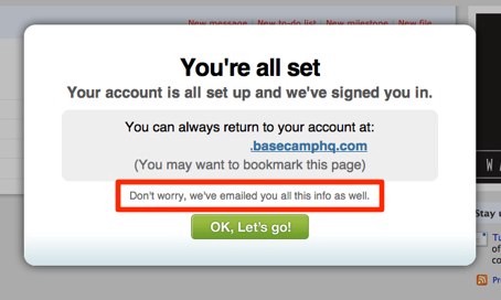 Esempio di microcopy di Basecamp